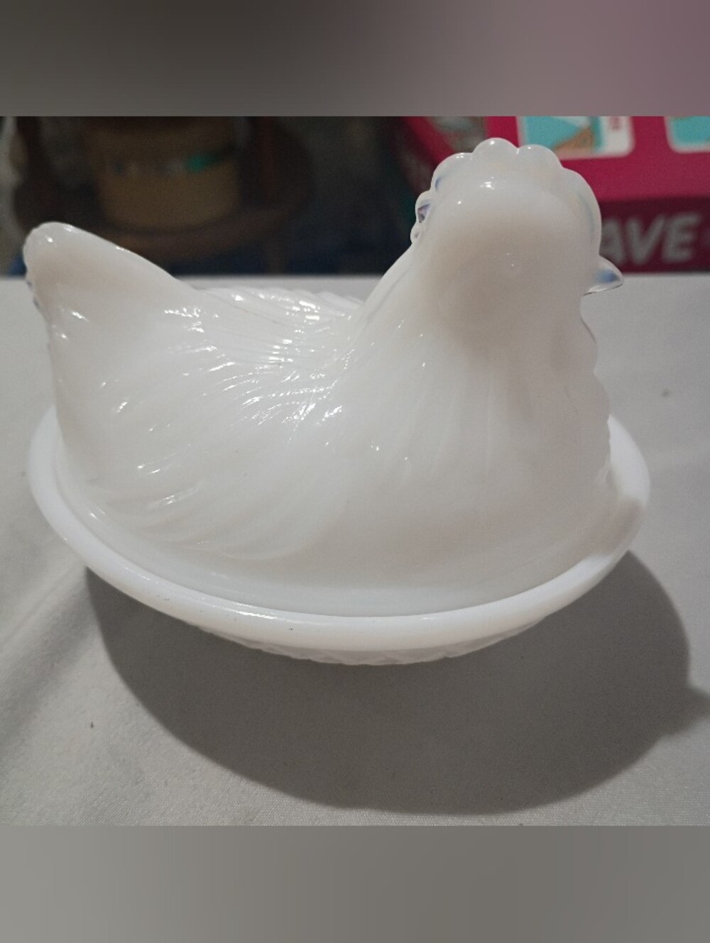 Vintage Resting Hen figurine trinket dish and lid White milk glass  MCM